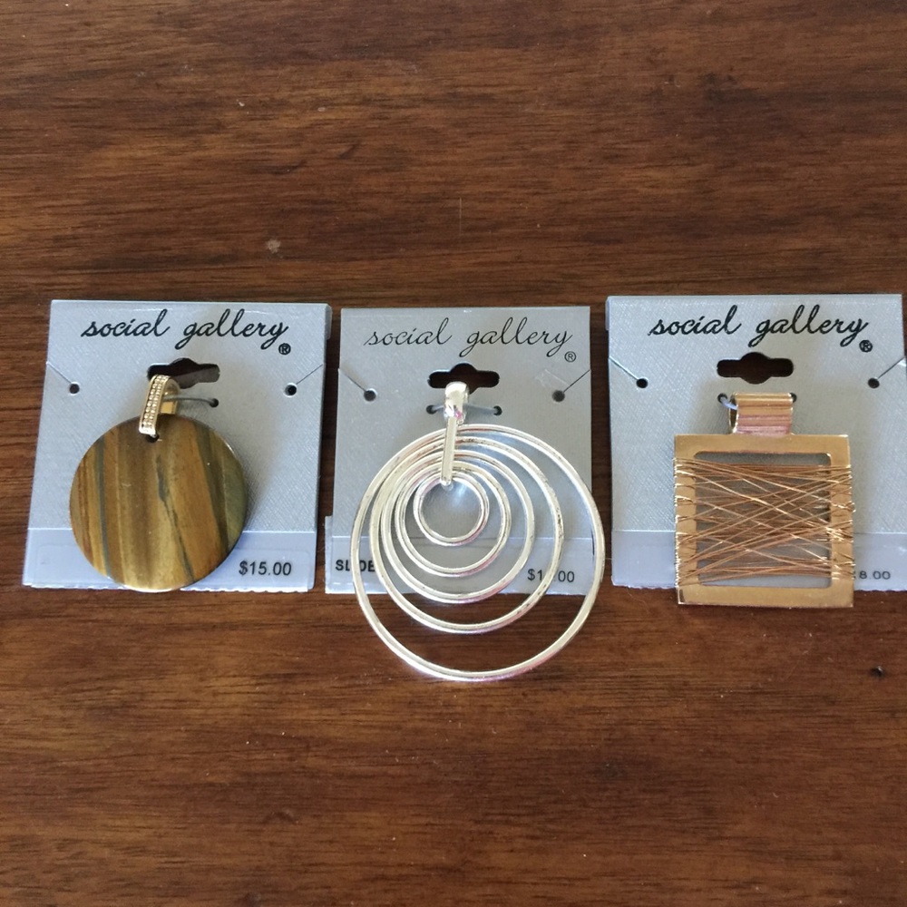 3 New Necklace Pendants Silver Gold & Brown Stone